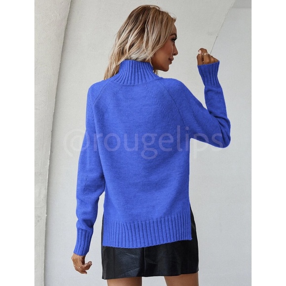 Royal Blue Knit Turtleneck Pullover Sweater Long Sleeve Side Slits - Picture 5 of 10